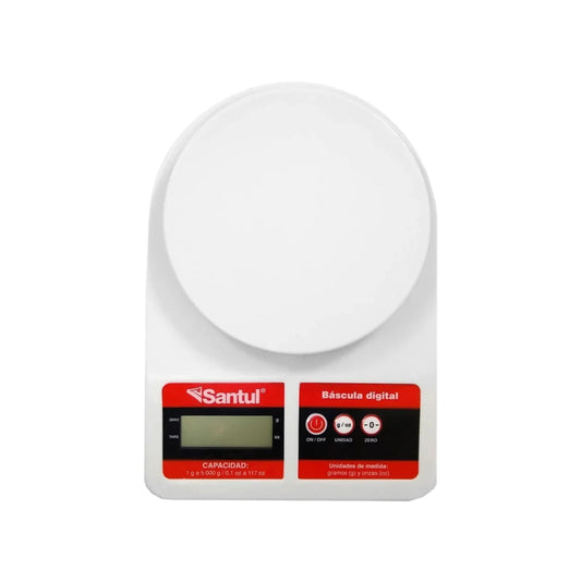 Báscula de cocina digital Santul blanca, capacidad 5 kg (5000g), mide en gramos y onzas, pantalla LCD y función tara.
