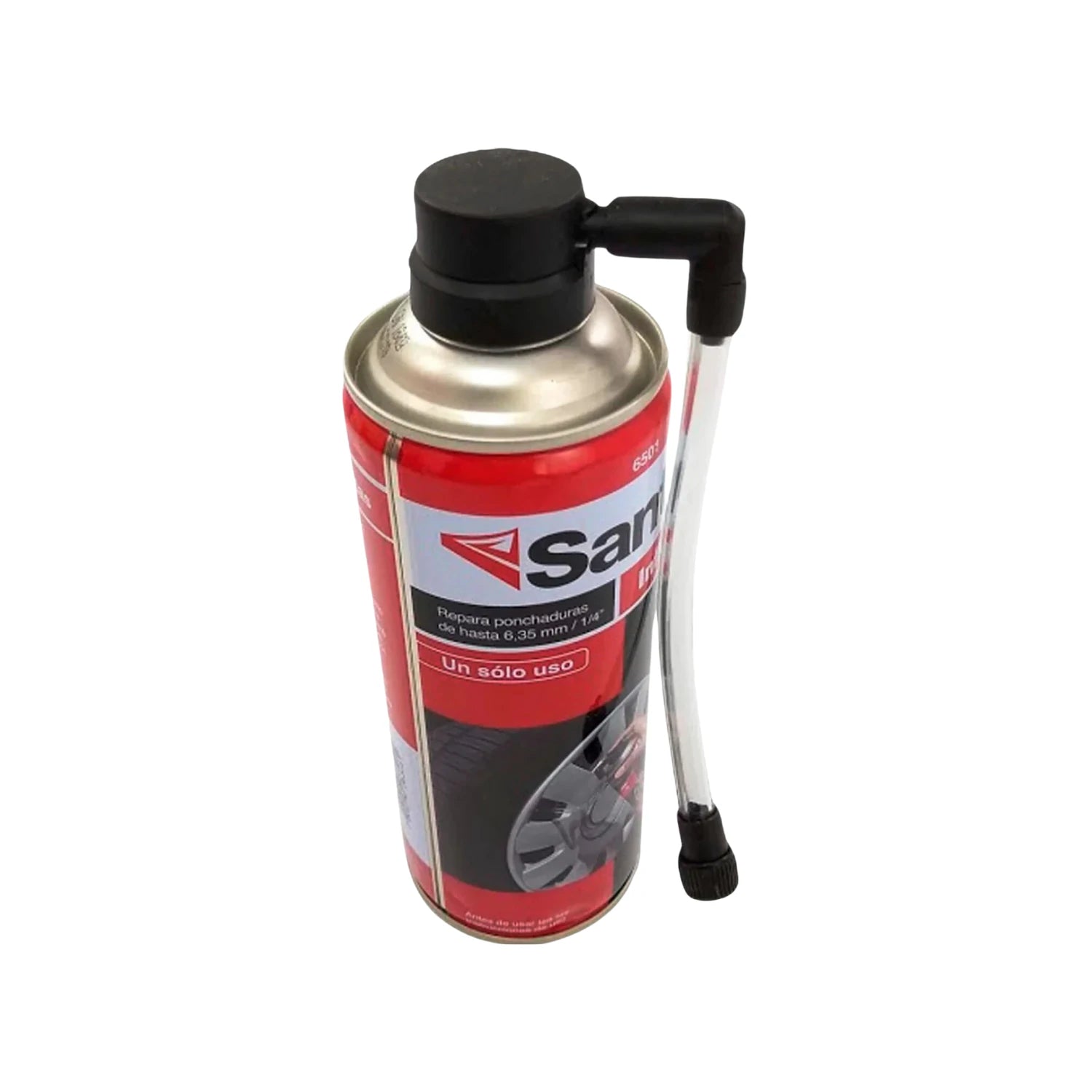 Sellador inflallantas Santul aerosol rojo con manguera para reparar pinchazos de hasta 6.35mm, uso único.