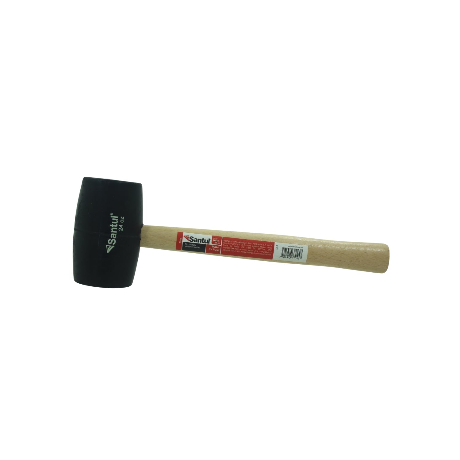 Mazo de hule negro Santul 24 oz con mango de madera, ideal para trabajos de impacto suave.