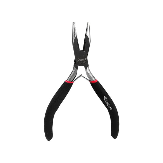 Pinzas de punta larga Santul, mango ergonómico negro y rojo, mordazas dentadas para sujeción de precisión.