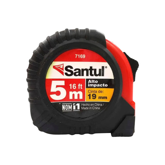 Flexómetro Santul 5 metros (16 ft) x 19mm rojo y negro, de alto impacto, resistente.
