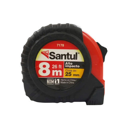 Flexómetro Santul 7178 de 8 metros (26 pies) x 25mm, resistente a alto impacto, carcasa negro y rojo