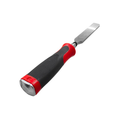 Formón para madera con mango ergonómico antideslizante rojo y negro y hoja de acero endurecido para carpintería.
