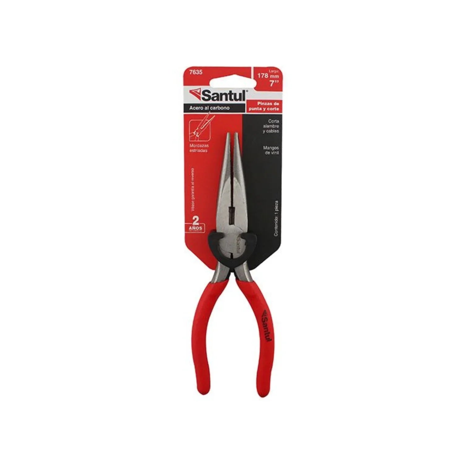 Pinzas de punta larga y corte Santul 7635 de 7" acero al carbono, mangos rojos ergonómicos de vinil