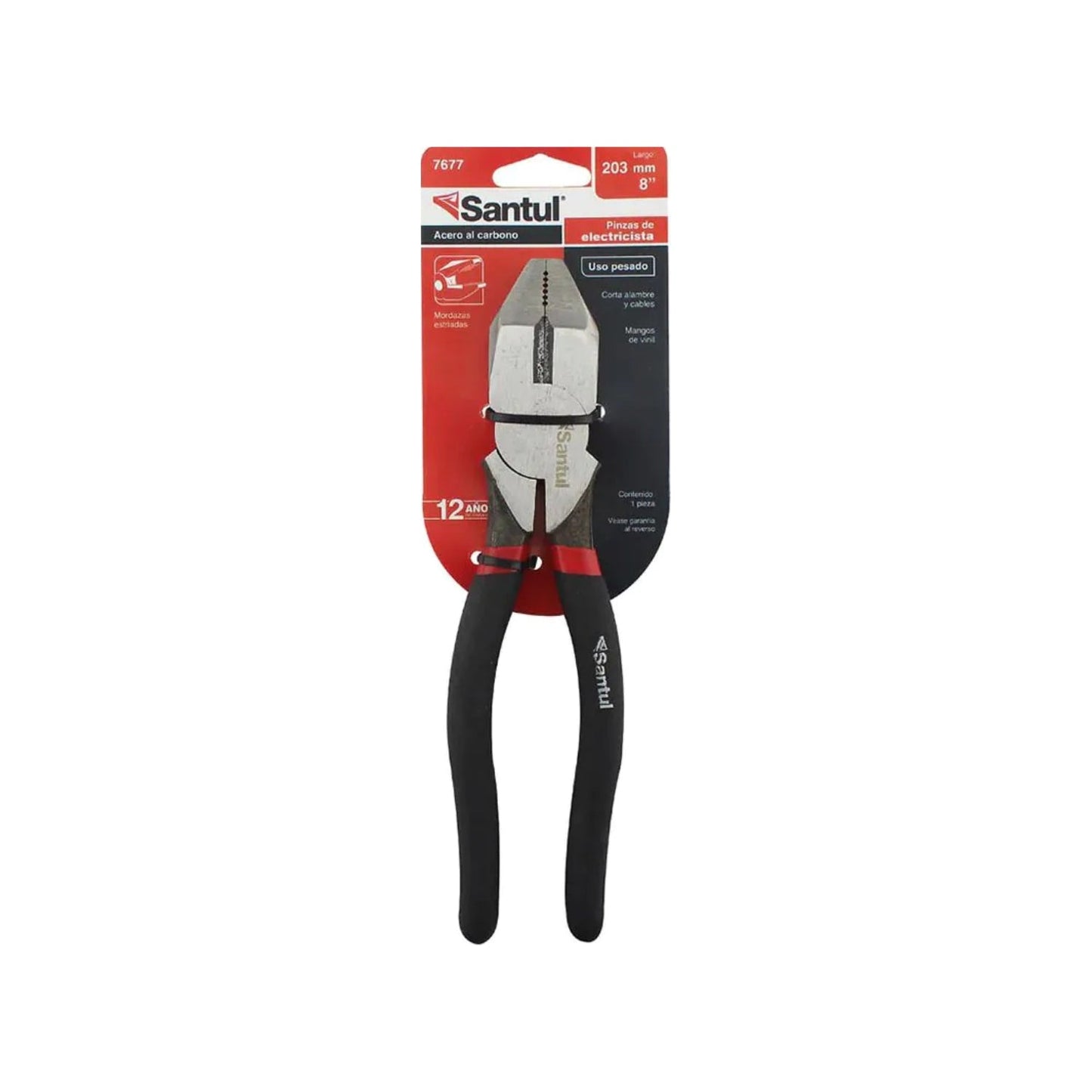 Pinza de electricista Santul 7677 de 8" (203mm) uso rudo, acero al carbono, mangos negros y rojos de vinil.