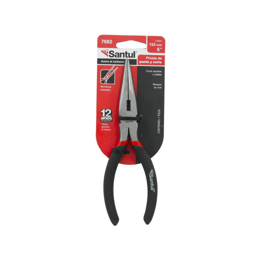 Pinzas de punta y corte Santul 6", acero al carbono, mangos bimateriales negro y rojo, para sujetar y cortar alambre