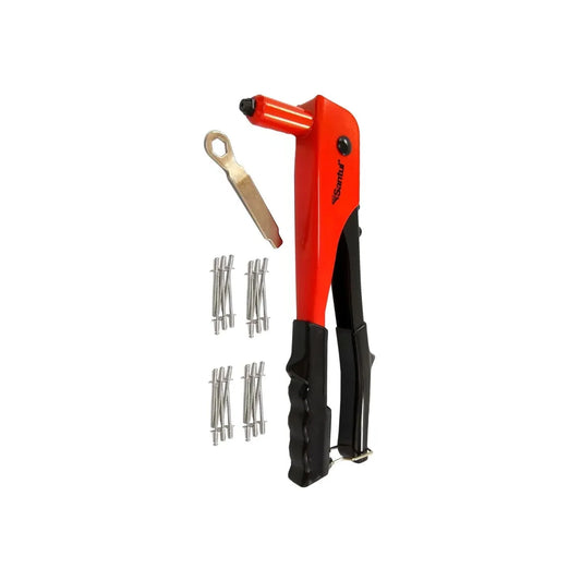 Remachadora manual Santul con cuerpo rojo y mango negro, incluye llave de ajuste y set de remaches de acero.