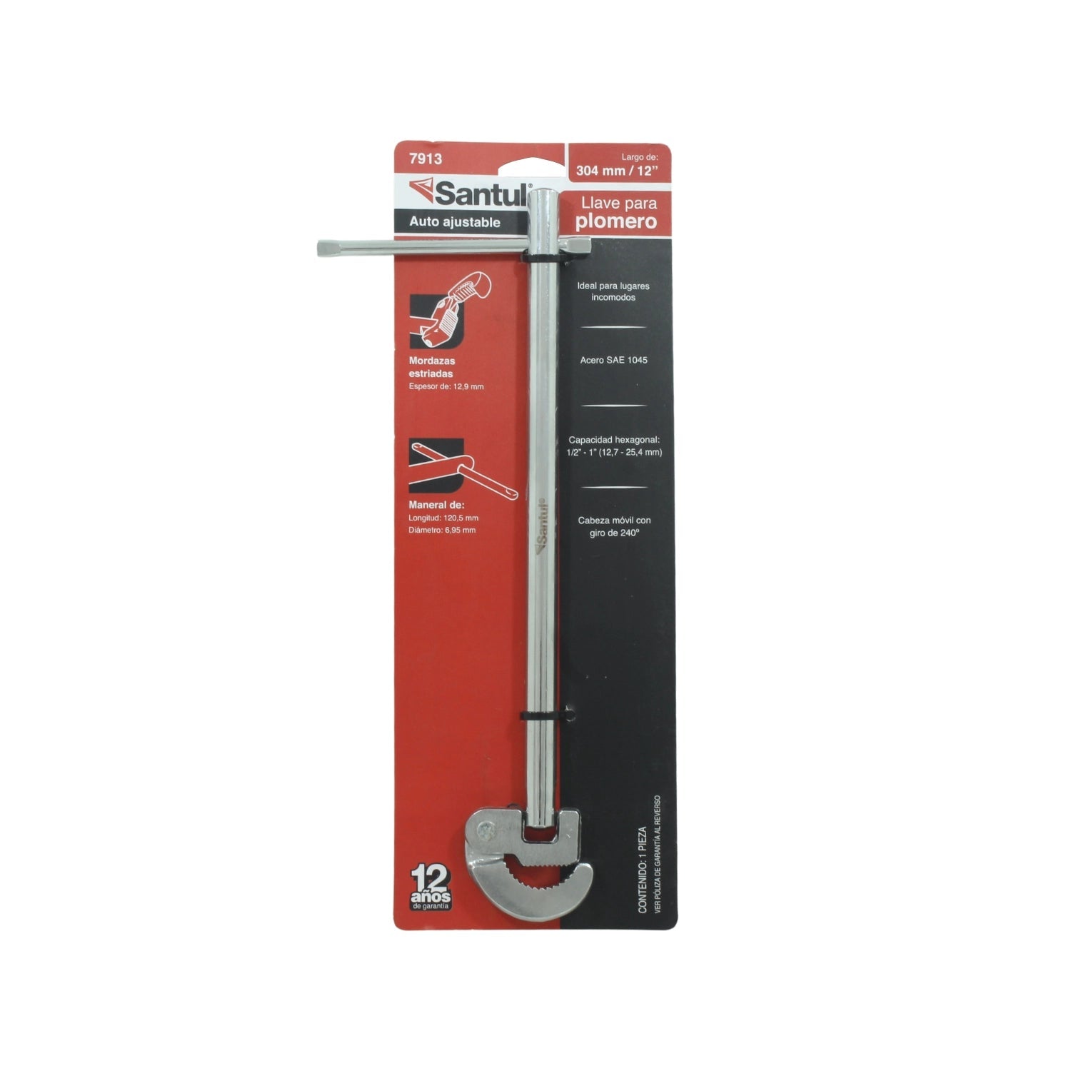 Llave para plomero Santul 7913 auto ajustable 12 pulg, acero SAE 1045, cabeza giratoria 240°