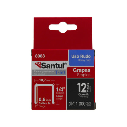 Grapas Santul T-50 uso rudo 1/4 pulgada (6.3mm) x 10.7mm, calibre 24, 1000 piezas para engrapadora