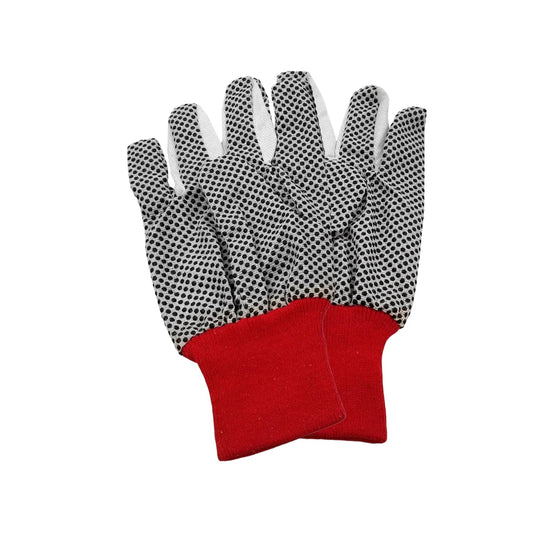 Guantes de algodón antiderrapantes blancos con puntos negros y puños rojos, para protección laboral.