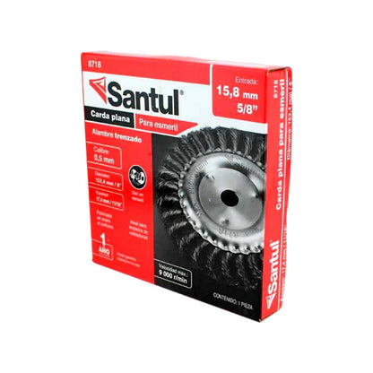 Carda plana Santul 8718 trenzada 6" (152mm) para esmeril, entrada 5/8", alambre 0.5mm, limpieza de soldaduras.