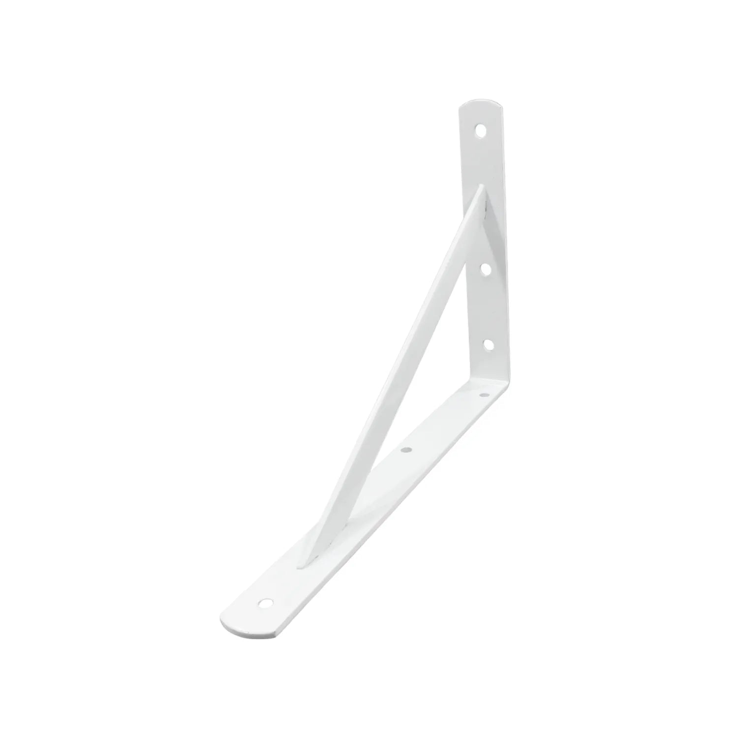 Escuadra metálica blanca con refuerzo diagonal para soporte de repisas y estanterías en pared