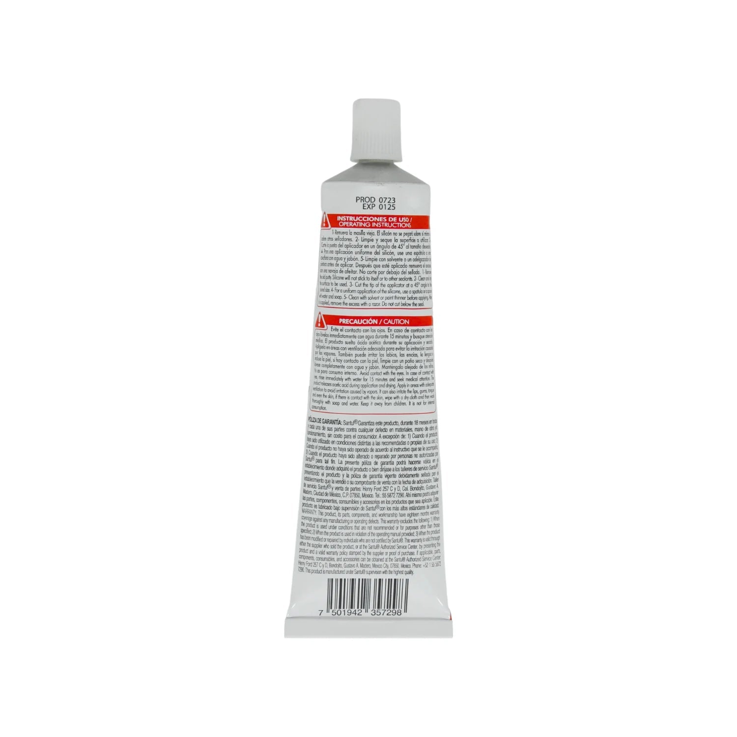 Tubo de silicón blanco Santul con instrucciones para sellado y adhesión de uso general en ferretería