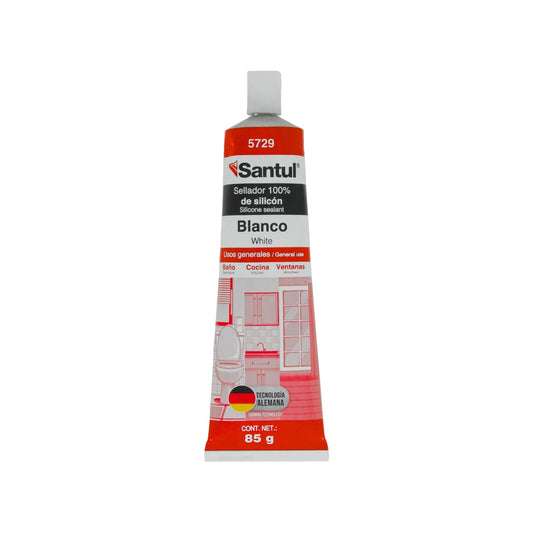 Sellador de silicón blanco Santul 85g para baño, cocina y ventanas, uso general.