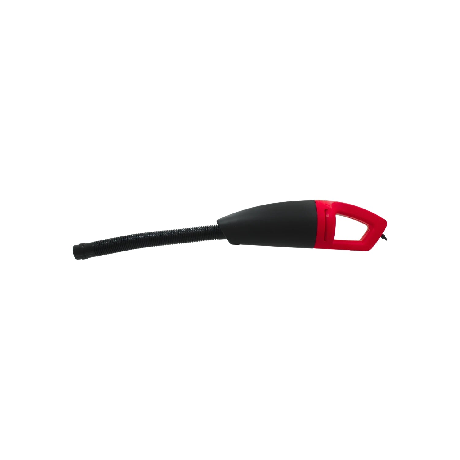 Aspiradora de auto portátil 12V negra y roja con manguera flexible para limpieza interior.