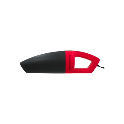 Aspiradora manual 12V para auto, diseño ergonómico en negro y rojo, limpieza interior de vehículos