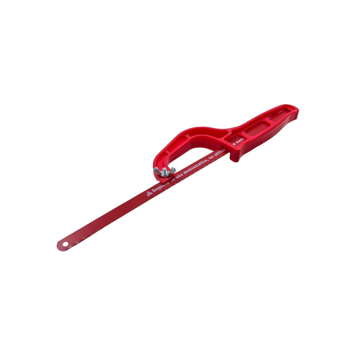 Arco de segueta manual rojo con marco de plástico, ideal para cortar metal y PVC