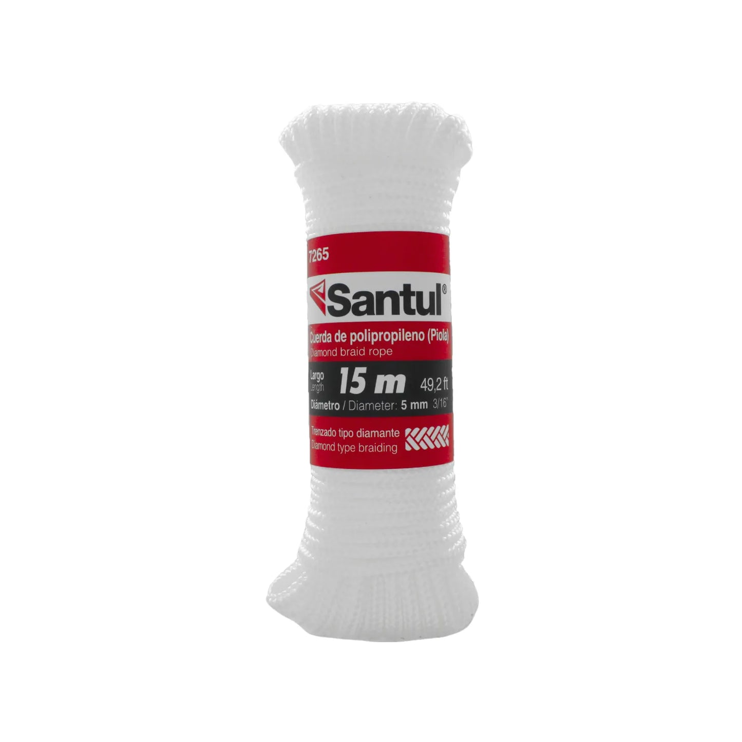 Cuerda de polipropileno Santul blanca 15m x 5mm, piola con trenzado tipo diamante resistente para ferretería.