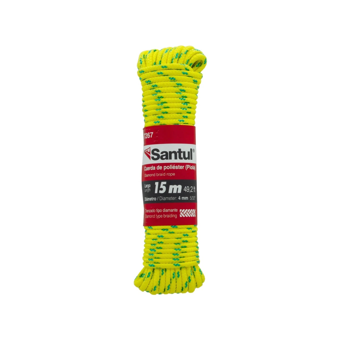 Cuerda poliéster amarilla Santul 7267, 15m x 4mm (5/32"), trenzado diamante, resistente para ferretería