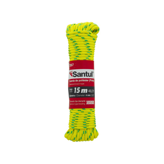 Cuerda poliéster amarilla Santul 7267, 15m x 4mm (5/32"), trenzado diamante, resistente para ferretería