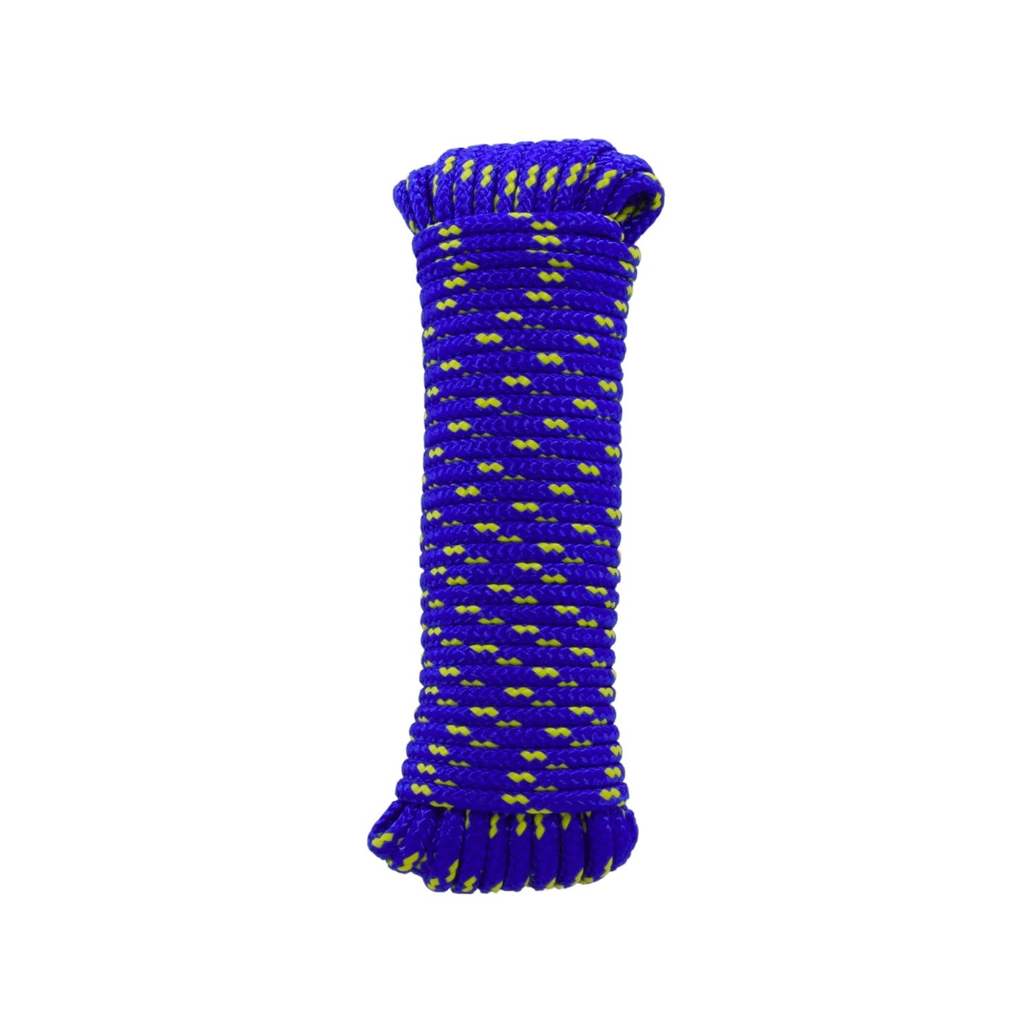 Cuerda de poliéster azul con puntos amarillos, 3/16" (5mm) en rollo de 15 metros para uso general.
