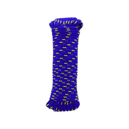 Cuerda de poliéster azul con puntos amarillos, 3/16" (5mm) en rollo de 15 metros para uso general.