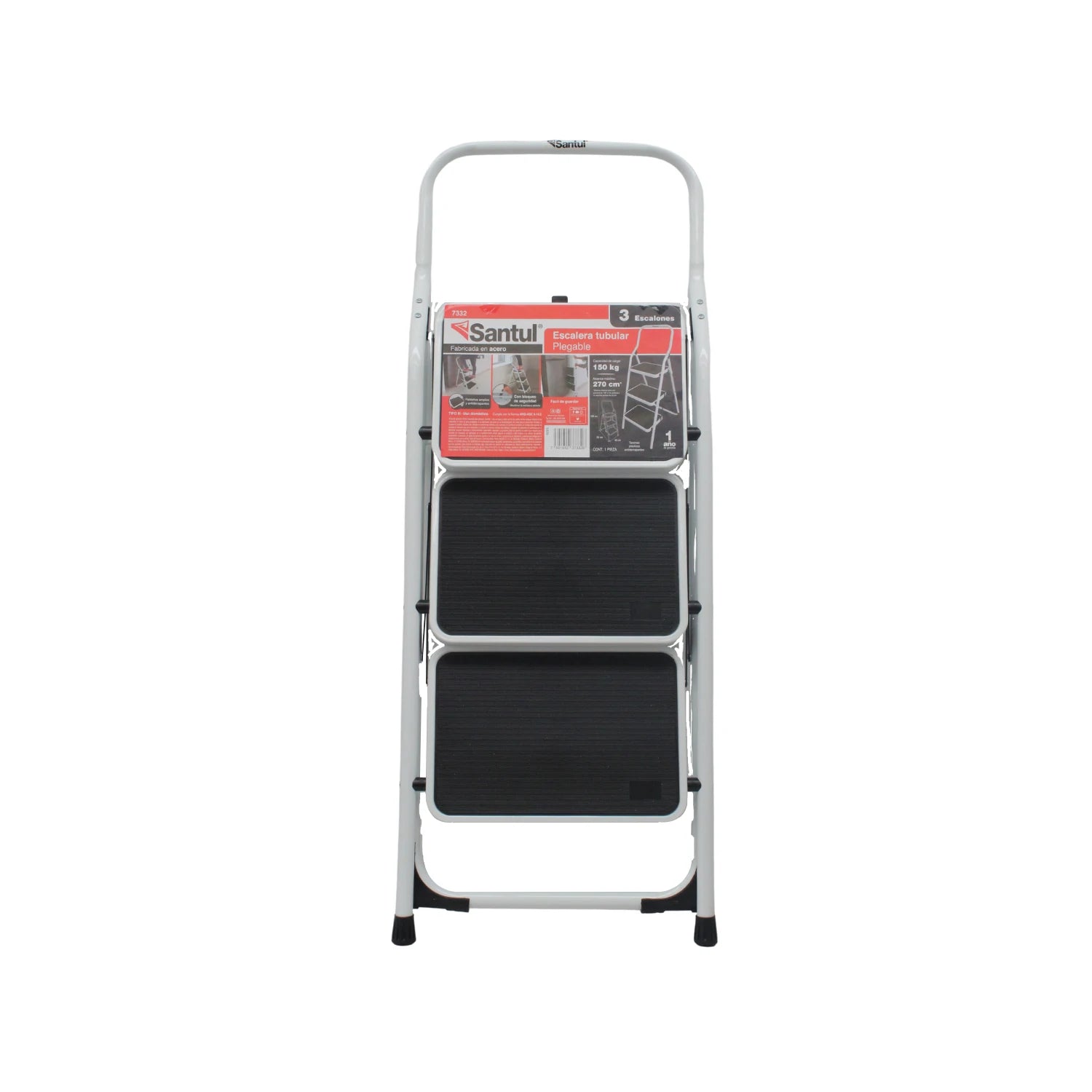 Escalera taburete plegable Santul, 3 peldaños negros antideslizantes, estructura gris de acero 90cm, 150kg.