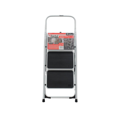 Escalera taburete plegable Santul, 3 peldaños negros antideslizantes, estructura gris de acero 90cm, 150kg.