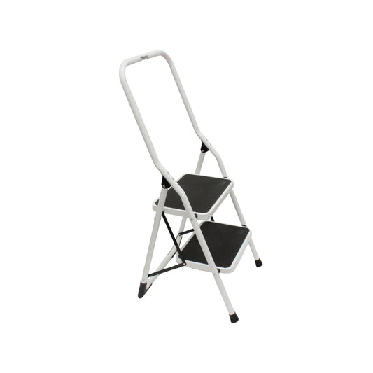 Escalera taburete plegable Santul de 2 peldaños blanca con superficies antideslizantes negras para hogar