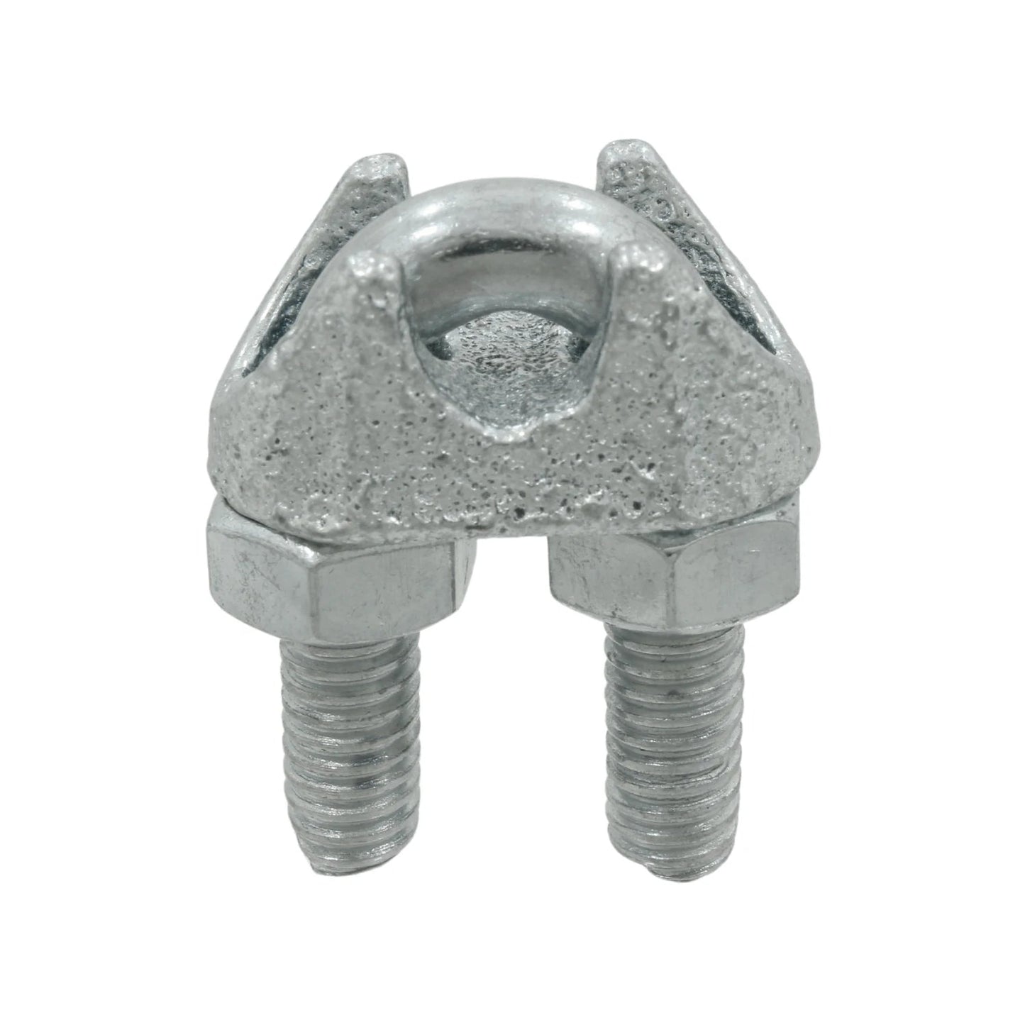 Nudo para cable de acero galvanizado 1/4" metálico con pernos y tuercas para sujeción firme.