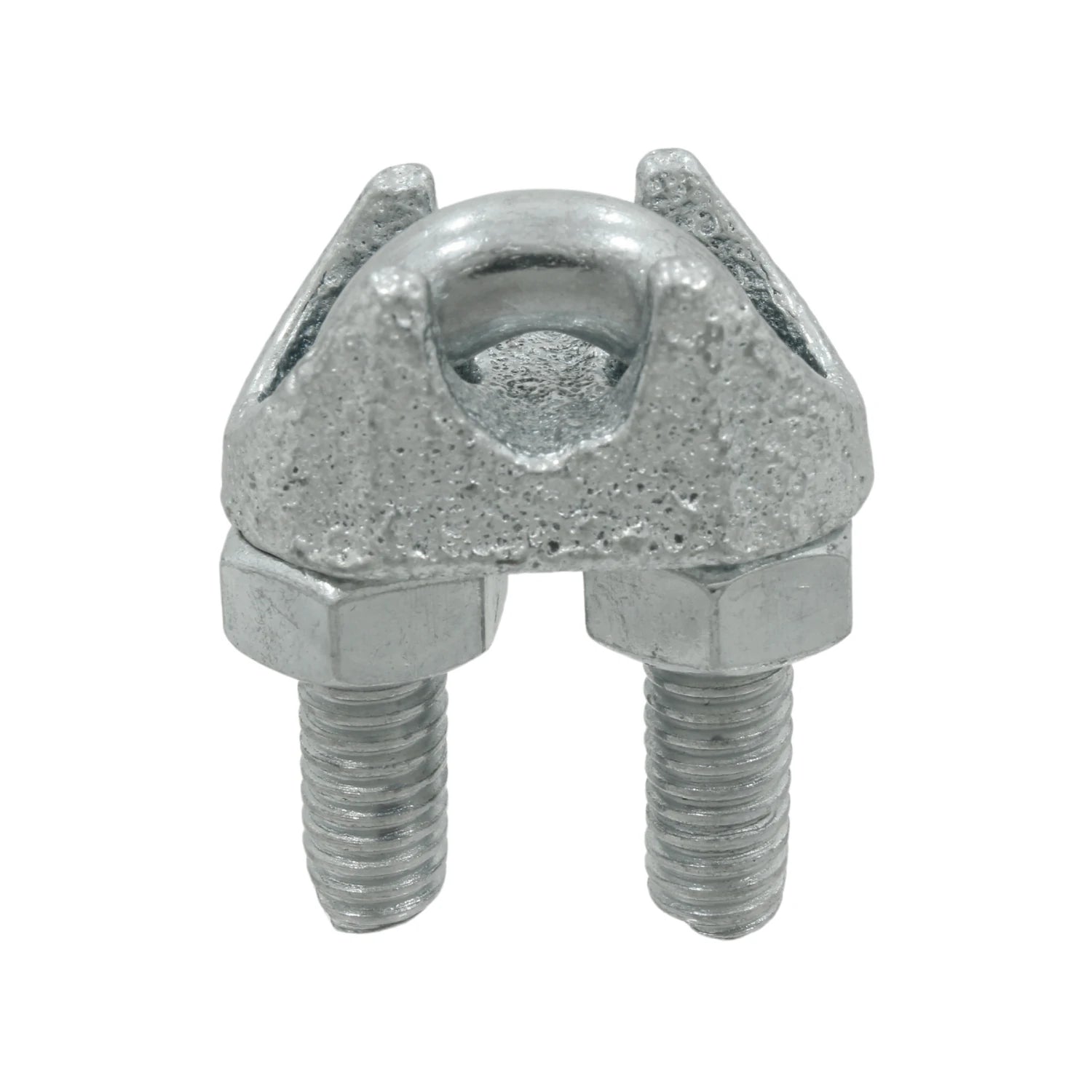 Nudo para cable de acero galvanizado 1/4" metálico con pernos y tuercas para sujeción firme.