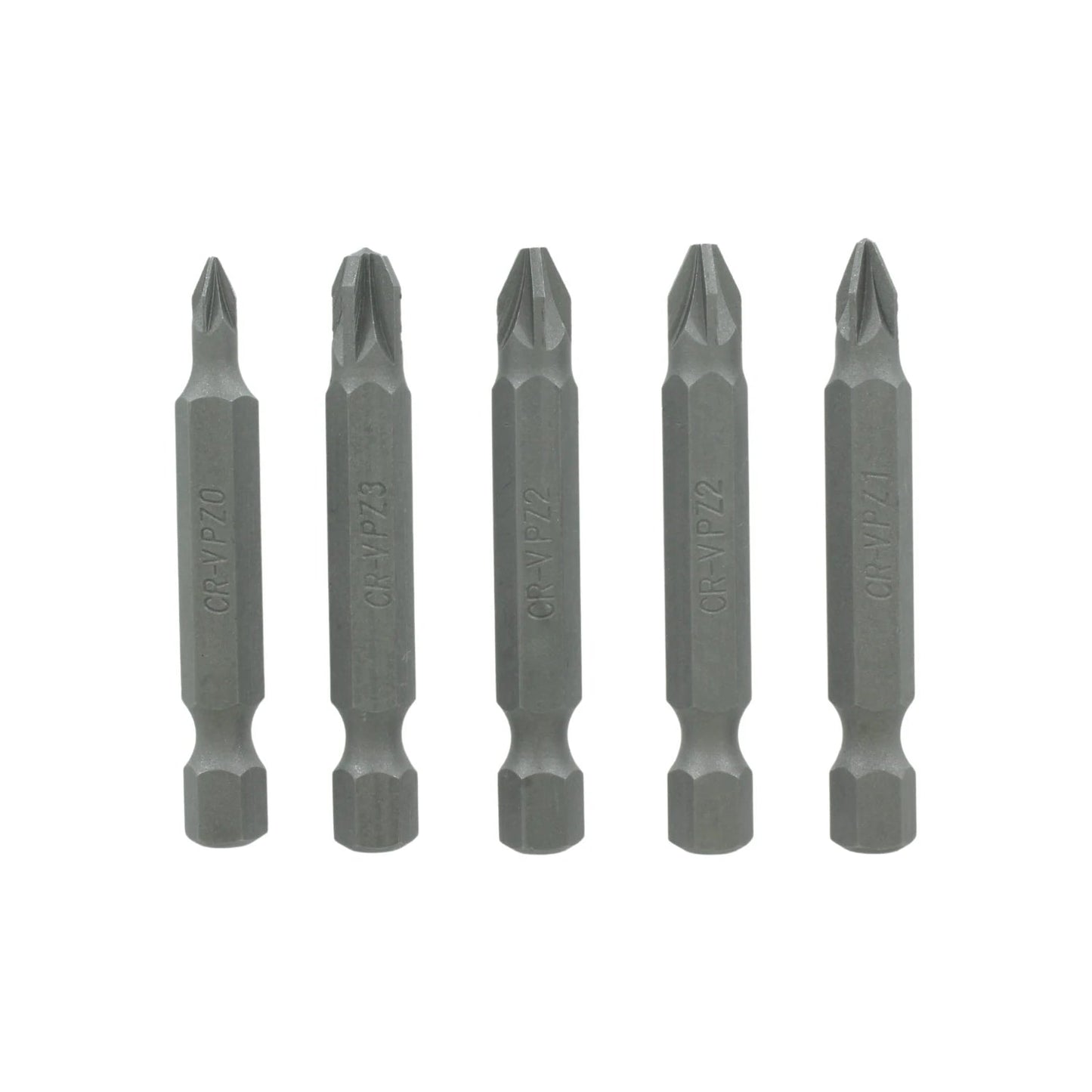 Juego de 5 puntas Pozidriv CR-V para desarmador, tamaños PZ0, PZ1, PZ2, PZ3, color gris metálico.