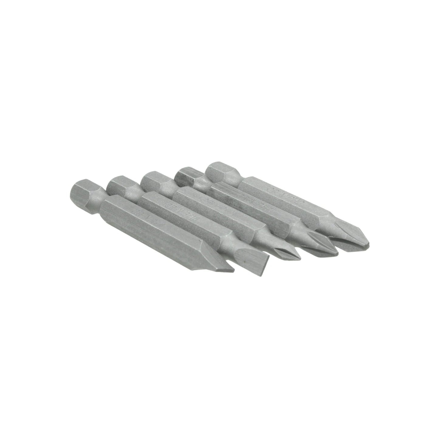 Juego de 5 puntas de desarmador: 1 plana y 4 Phillips. Bits de acero gris para atornillador eléctrico o manual.