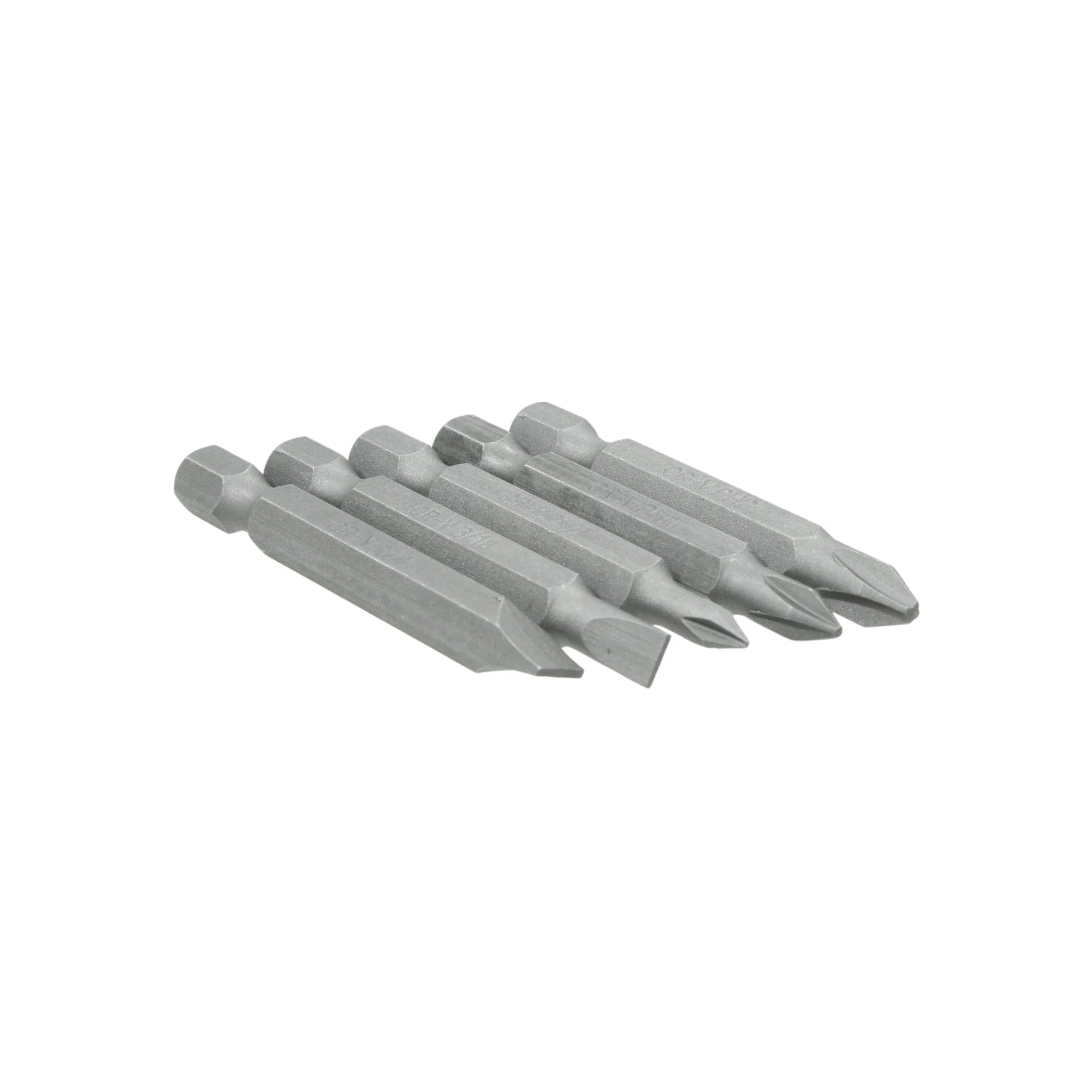 Juego de 5 puntas de desarmador: 1 plana y 4 Phillips. Bits de acero gris para atornillador eléctrico o manual.