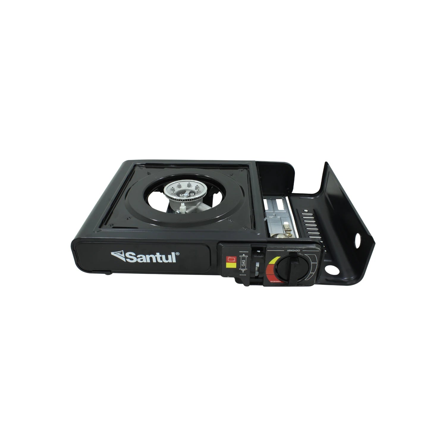 Estufa portátil de gas Santul negra con un quemador, ideal para camping y uso exterior.