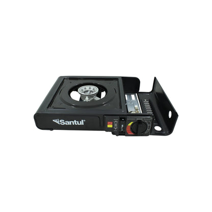 Estufa portátil de gas Santul negra con un quemador, ideal para camping y uso exterior.