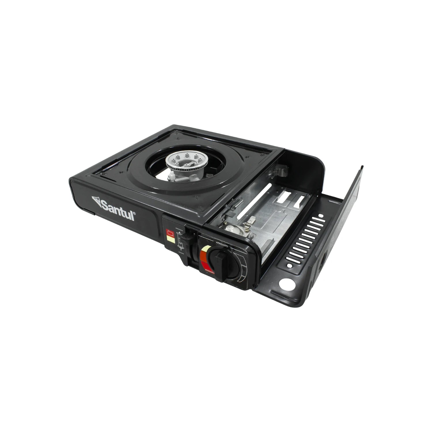 Estufa portátil de gas Santul negra con un quemador, compacta, para camping y uso al aire libre.