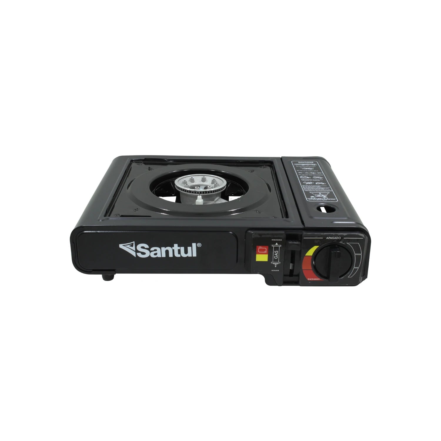 Estufa portátil de gas Santul negra con un quemador, ideal para camping y actividades al aire libre