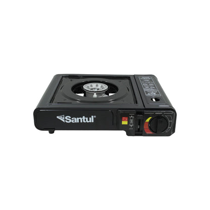 Estufa portátil de gas Santul negra con un quemador, ideal para camping y actividades al aire libre