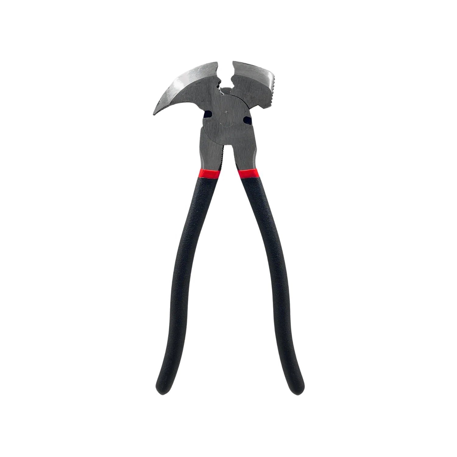 Pinza de hacendado profesional multiusos con martillo, extractor de clavos, y mordazas serradas, mangos negros y rojos.