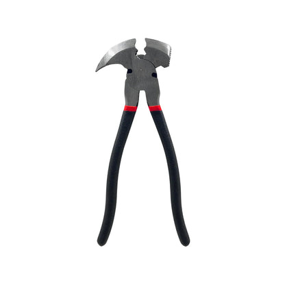 Pinza de hacendado profesional multiusos con martillo, extractor de clavos, y mordazas serradas, mangos negros y rojos.