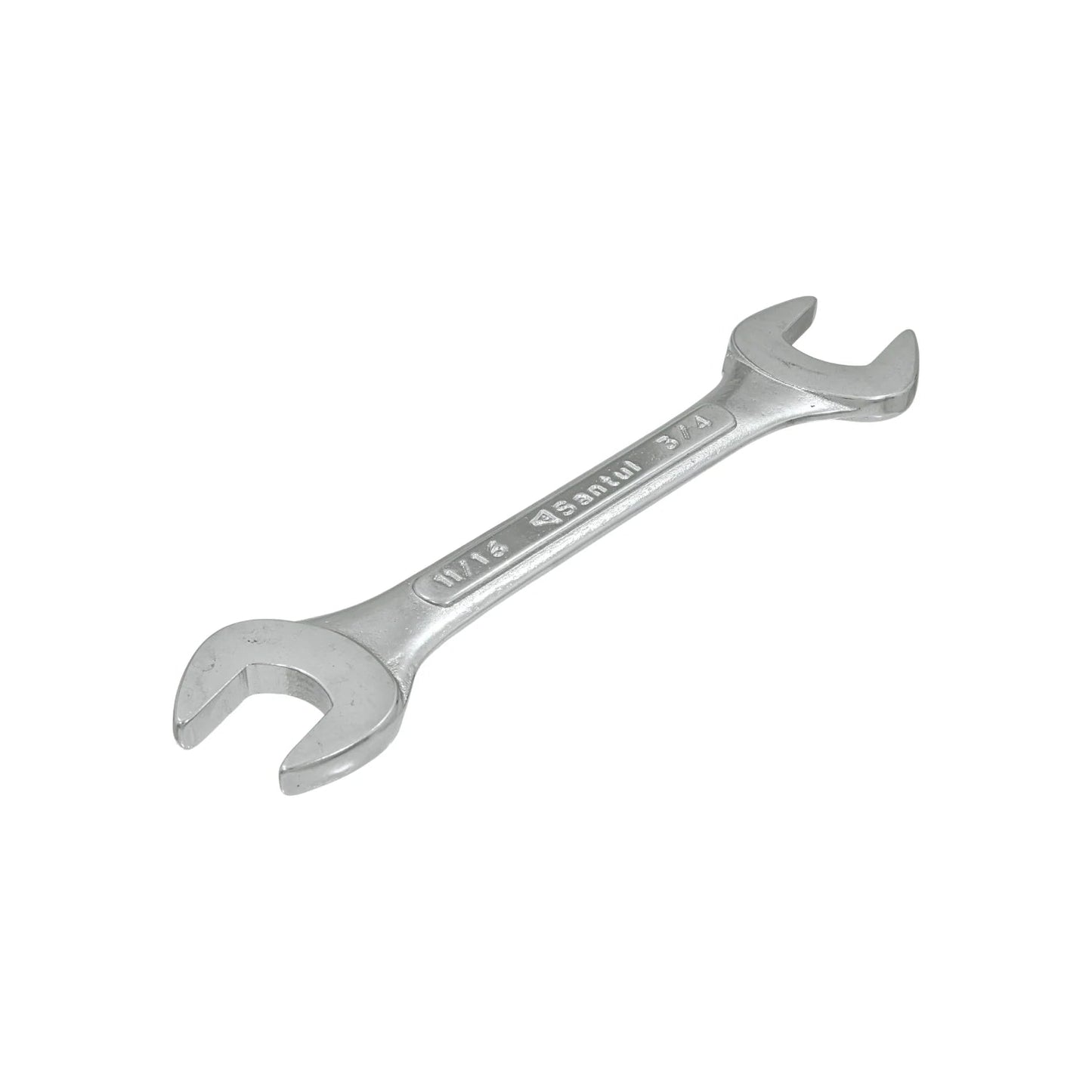 Llave española Santul 11/16 x 3/4 pulgadas, doble boca estándar, herramienta manual plateada para apriete y ajuste.