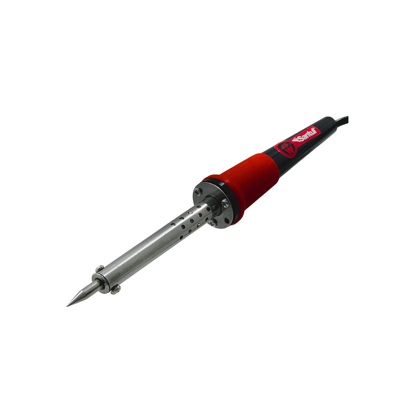 Cautín tipo lápiz Santul 45W con mango rojo y negro para soldadura electrónica precisa.