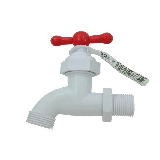 Llave de nariz plástica blanca, manija roja, con rosca 1/2 pulgada para jardín o lavadero