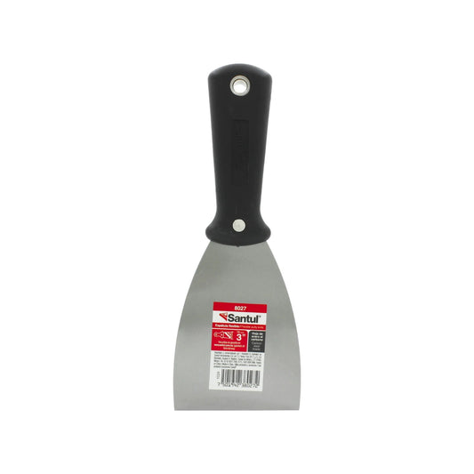 Espátula flexible Santul 3" con hoja de acero al carbono y mango ergonómico de plástico negro.