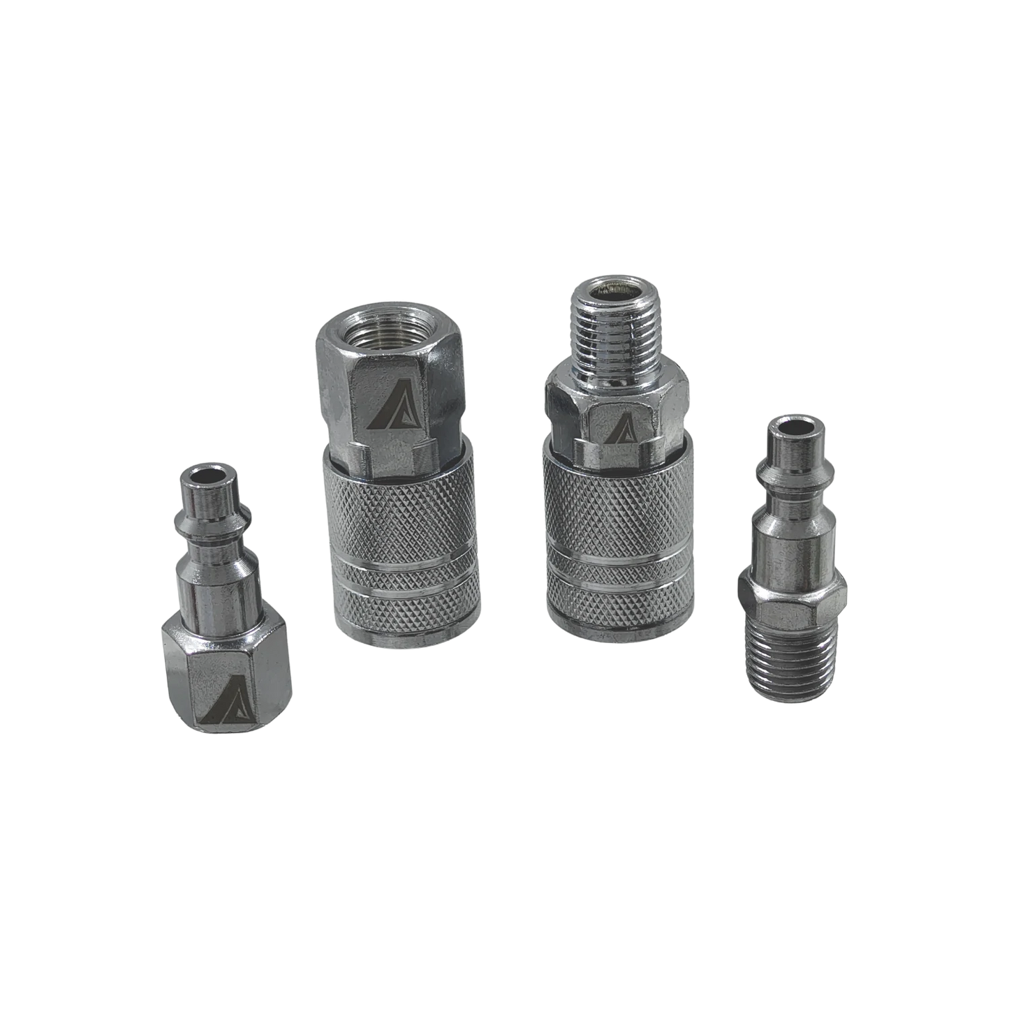 Coples rápidos de metal para compresora, kit 4 piezas plateadas: 2 acoples hembra y 2 plugs macho con rosca.