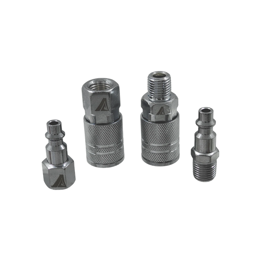 Coples rápidos de metal para compresora, kit 4 piezas plateadas: 2 acoples hembra y 2 plugs macho con rosca.