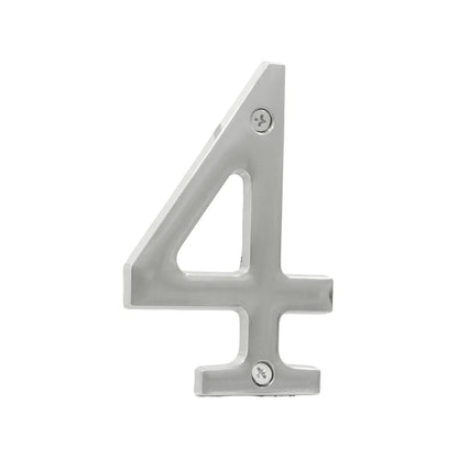Número de casa 4 de metal pulido plateado con tornillos, resistente para exterior o puerta