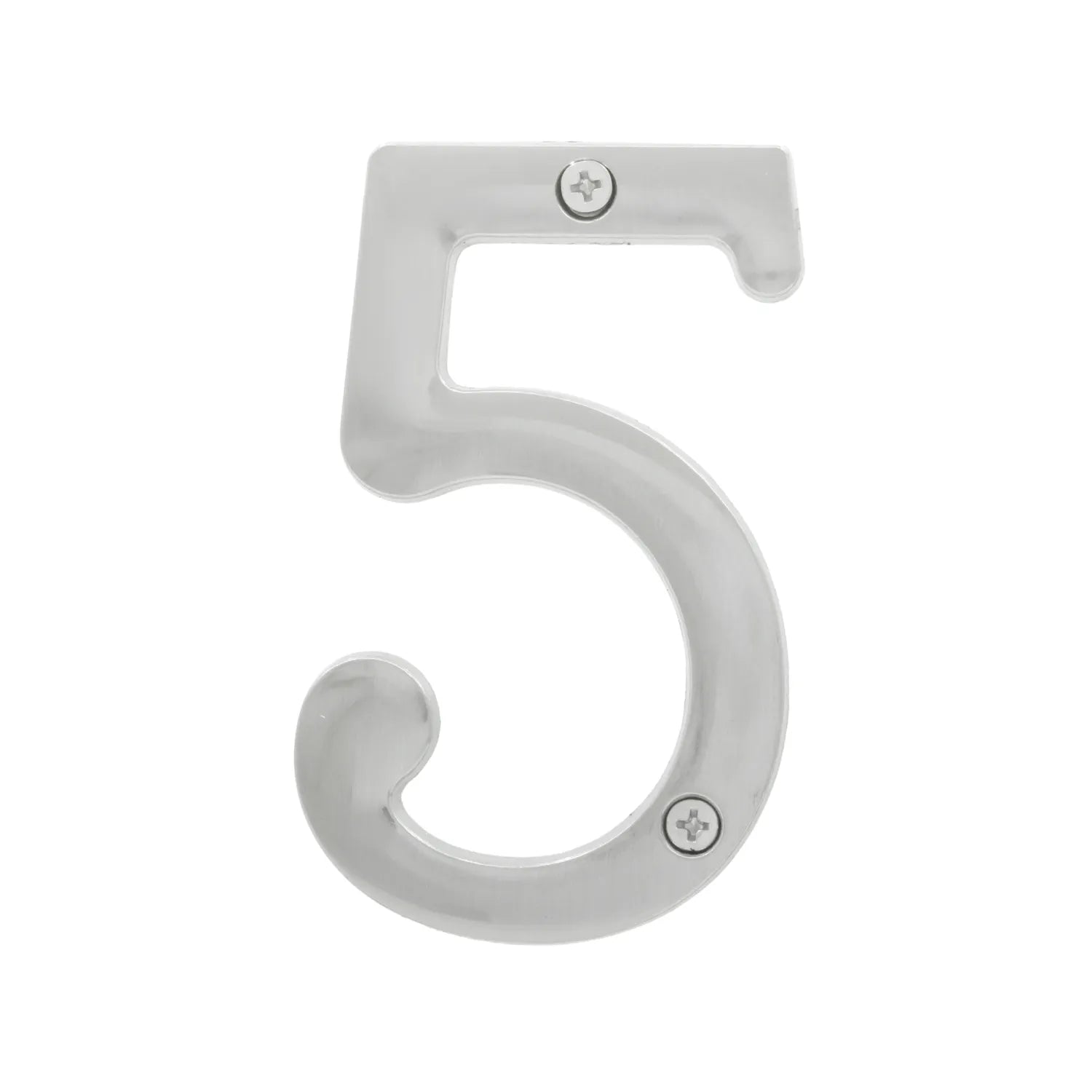 Dígito de dirección 5 de metal con acabado cromado brillante, incluye tornillos para montaje en puertas y fachadas.