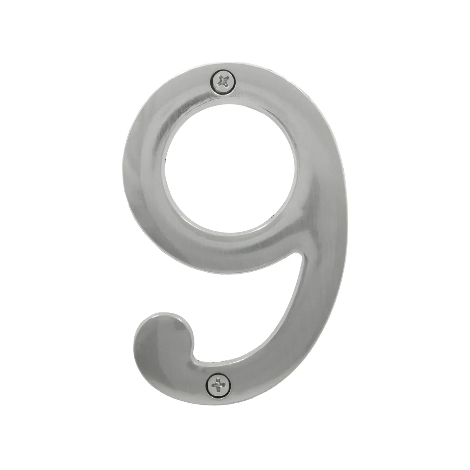 Número 9 de metal atornillable para casa, acabado cepillado plateado, resistente para exteriores.